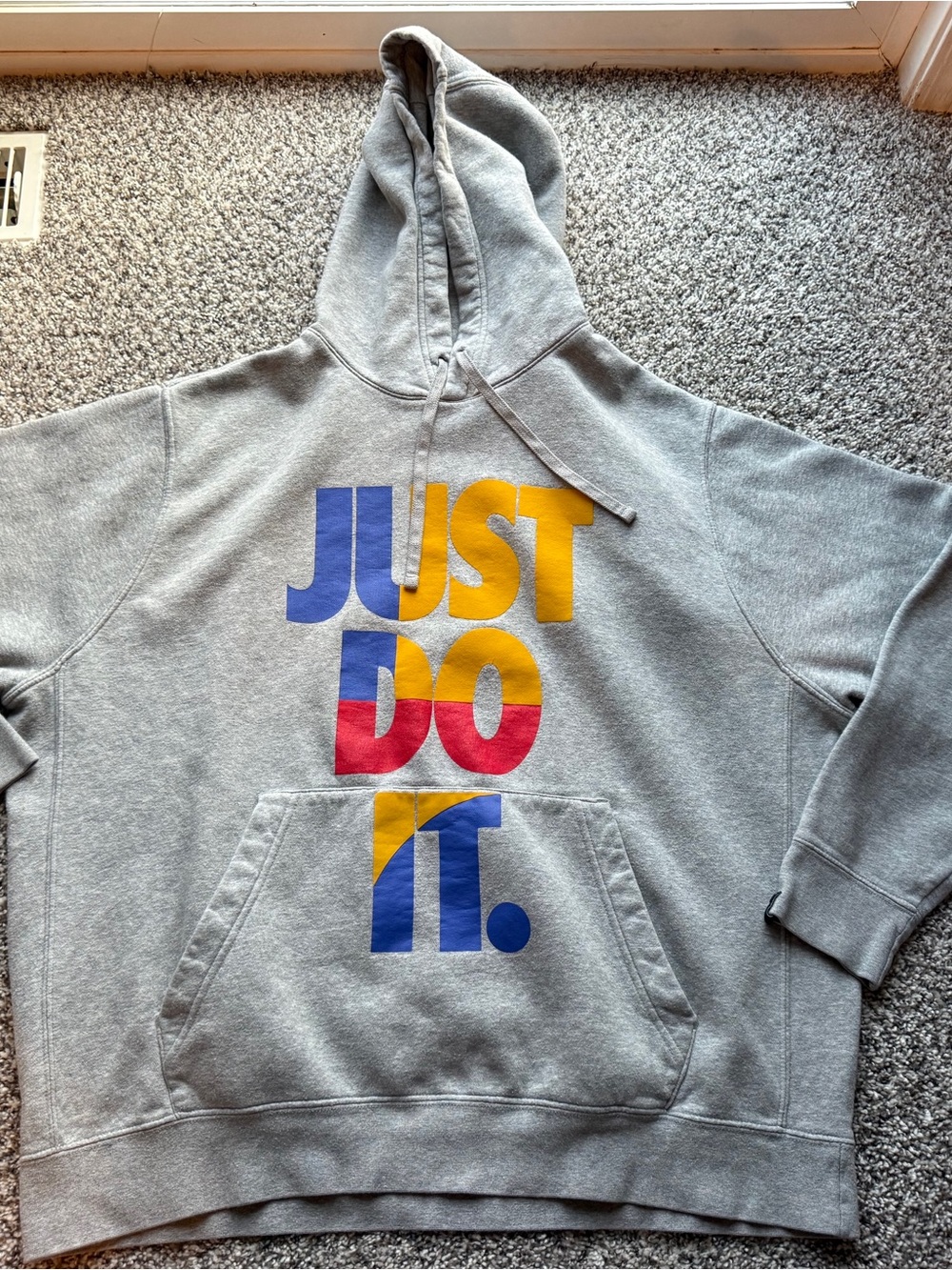 Vintage Y2K Nike gray hoodie with multicolored 'JUST DO IT.' text